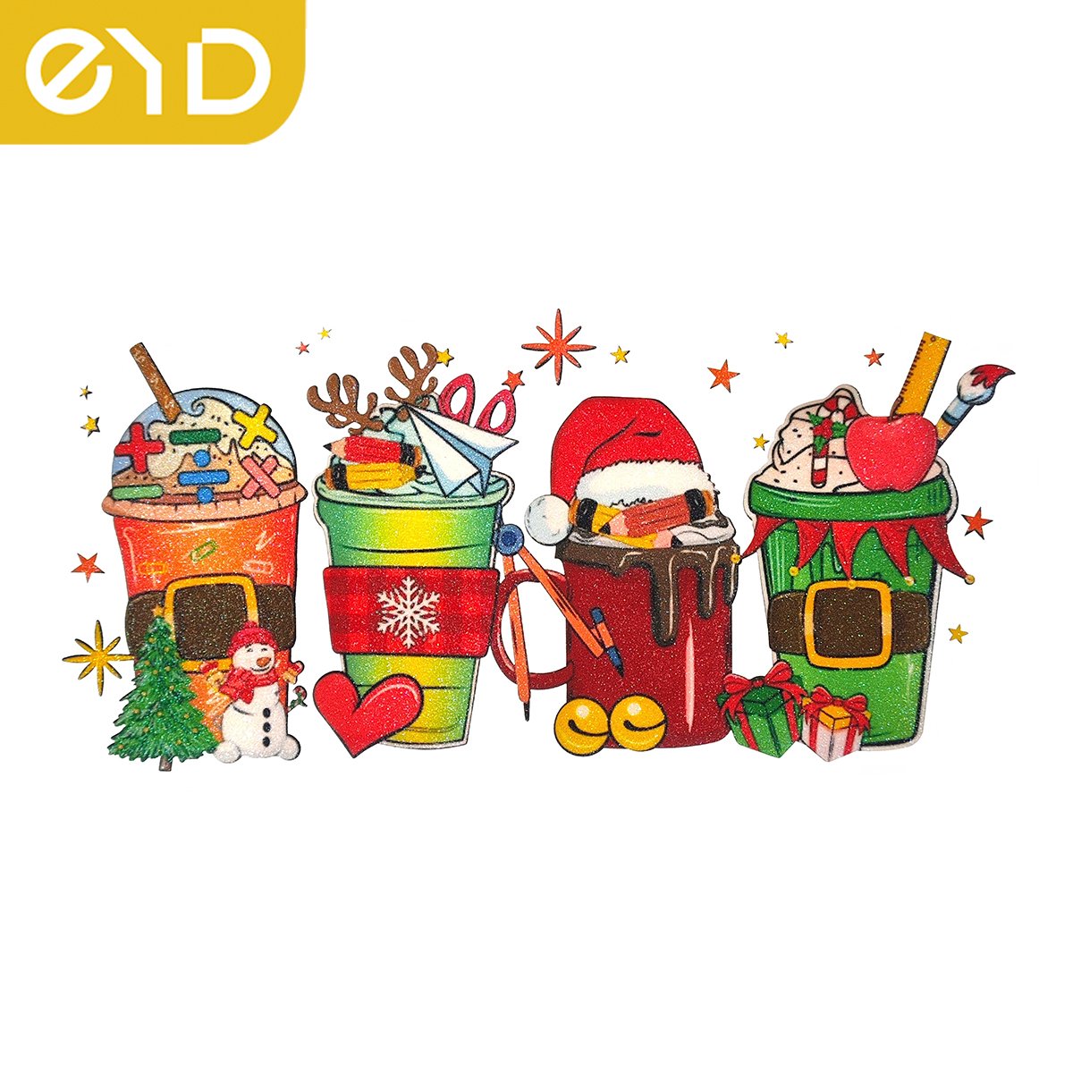 EYD Chenille Merry Christmas And Halloween Iron On Patches Large Cup Customized Dtf Printed Sticker For T-Shirts Heat Transfers