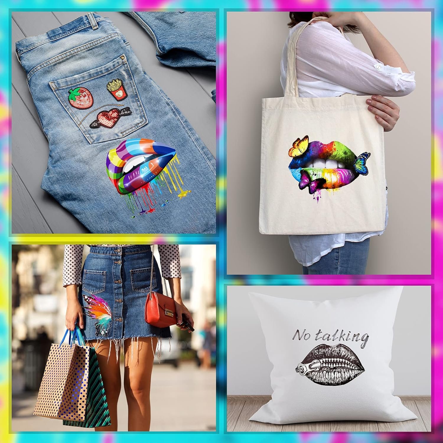 Butterfly Lip Iron Patches Colorful Washable Heat Transfer Decals for Clothing Perfect DIY Jacket & T-Shirt Decor