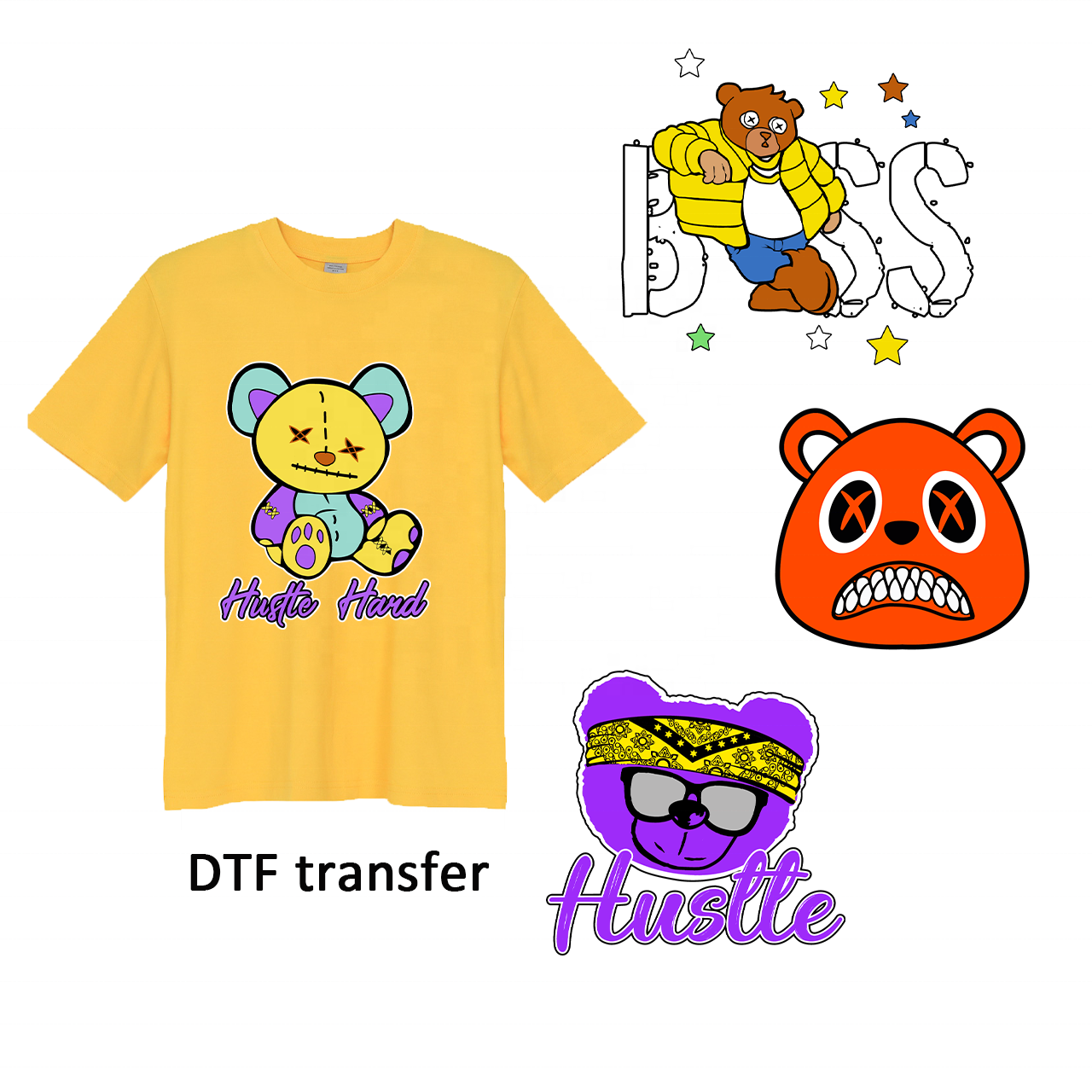 Wholesale factory teddy bear dtf transfers vinyl stickers customized labels transfer printing for t shirt
