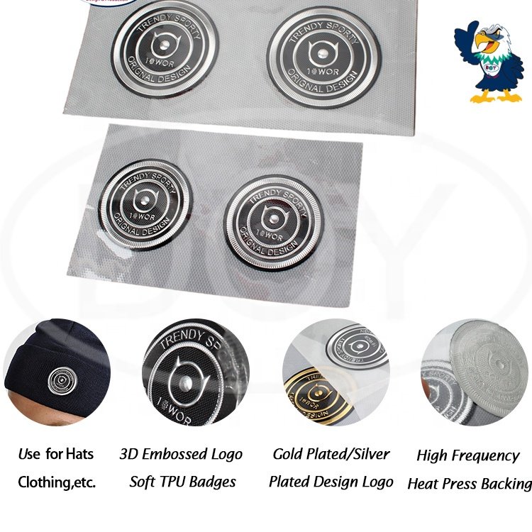 Custom Embossed Raised Logo Gold Plating High Frequency Heat Press Soft TPU Patches Badges for Hats