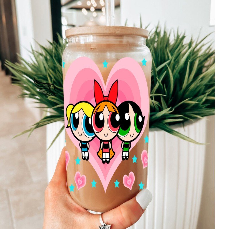Double-sided view uv dtf Cute Just Peachy UV DTF Cup Wrap Transfers 16oz Libbey Glass Can Ready to Ship