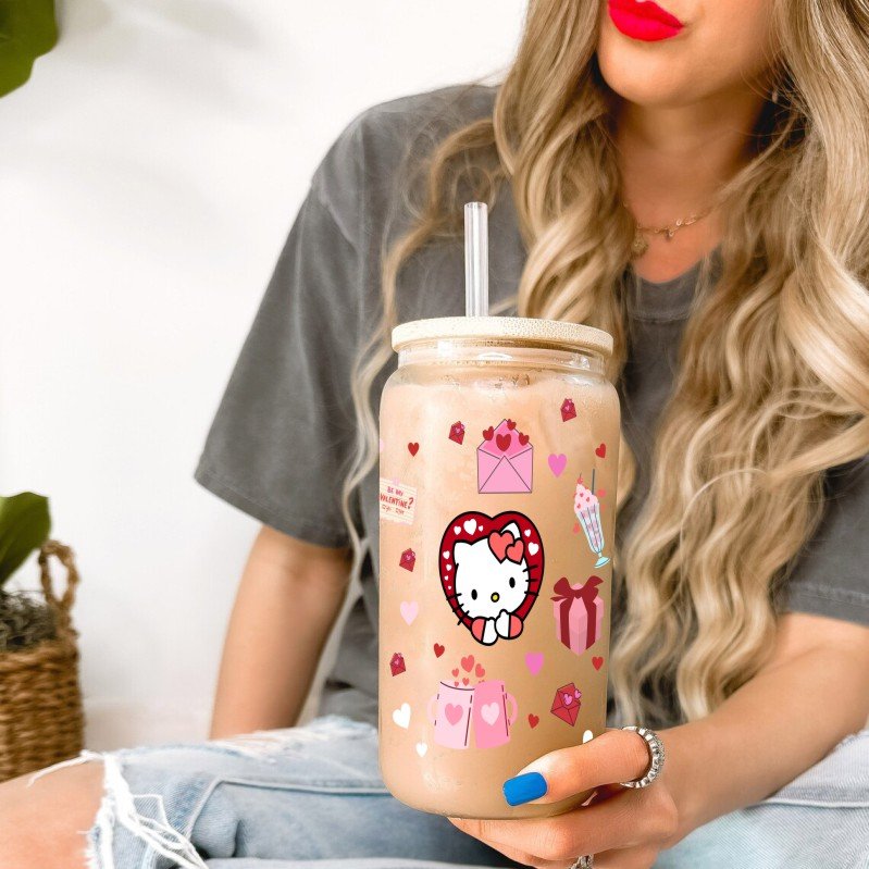 Double-sided view uv dtf Cute Just Peachy UV DTF Cup Wrap Transfers 16oz Libbey Glass Can Ready to Ship