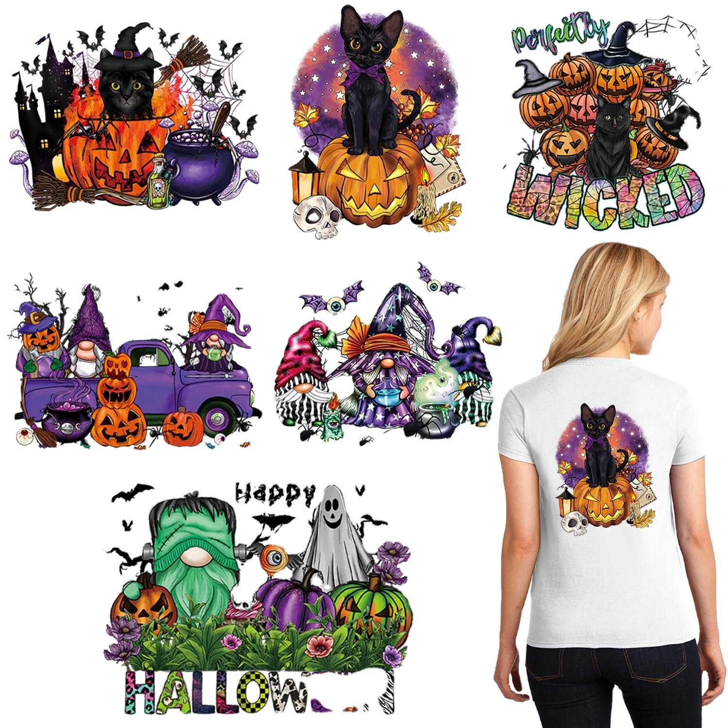 Halloween Iron on Transfer for Bag Black Cat Pumpkin Iron on Decals Dwarfs Skull Ghost Design Heat Transfer Stickers for T-Shirt