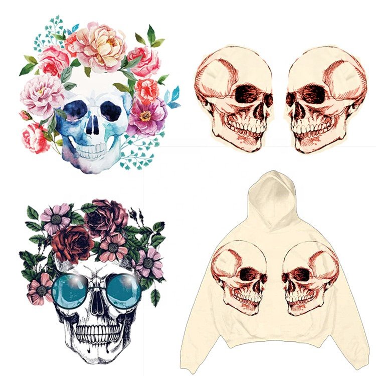 Low MOQ Skull Logo DTF Printed Labels Plastisol Heat Transfer Sticker Printing for Clothing