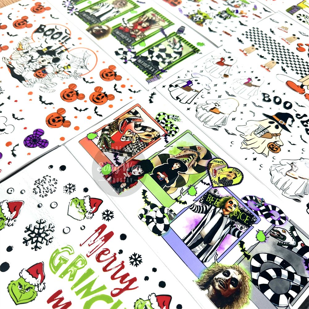 Cartoon custom uv dtf cup wraps bulk design waterproof transfer sticker halloween uv dtf cup wraps transfers for 16oz glass cups