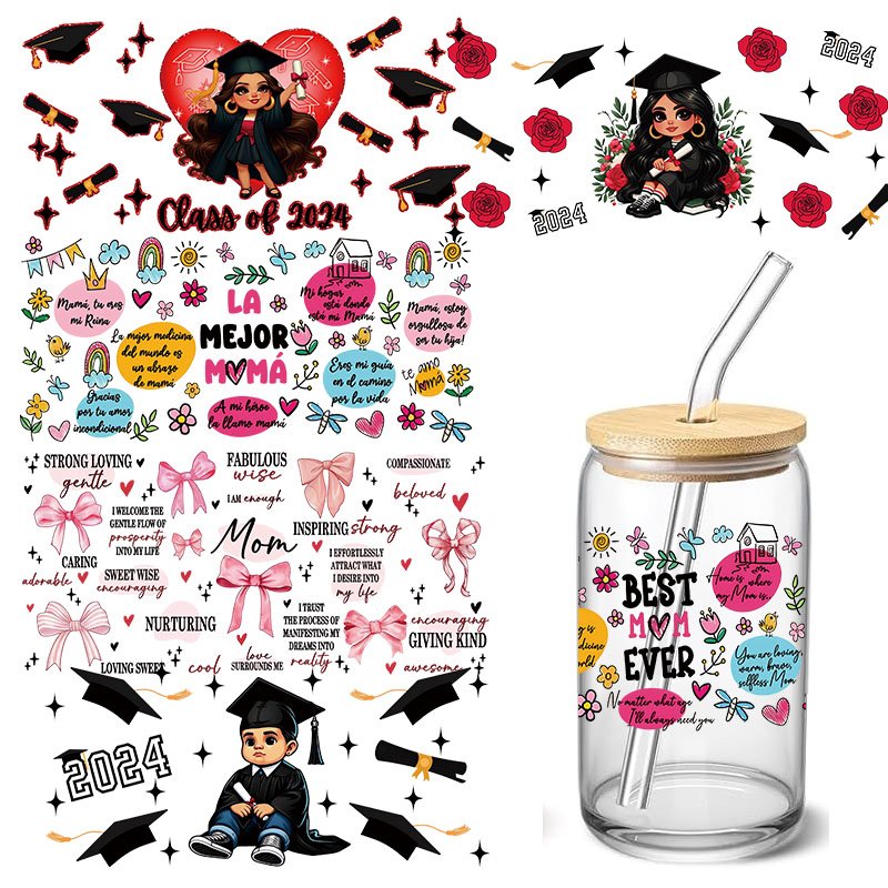 16oz 20oz 24oz UV DTF transfer wrap stick wrap decal 2024 graduate design uv dtf cup wrap transfers 16oz high quality