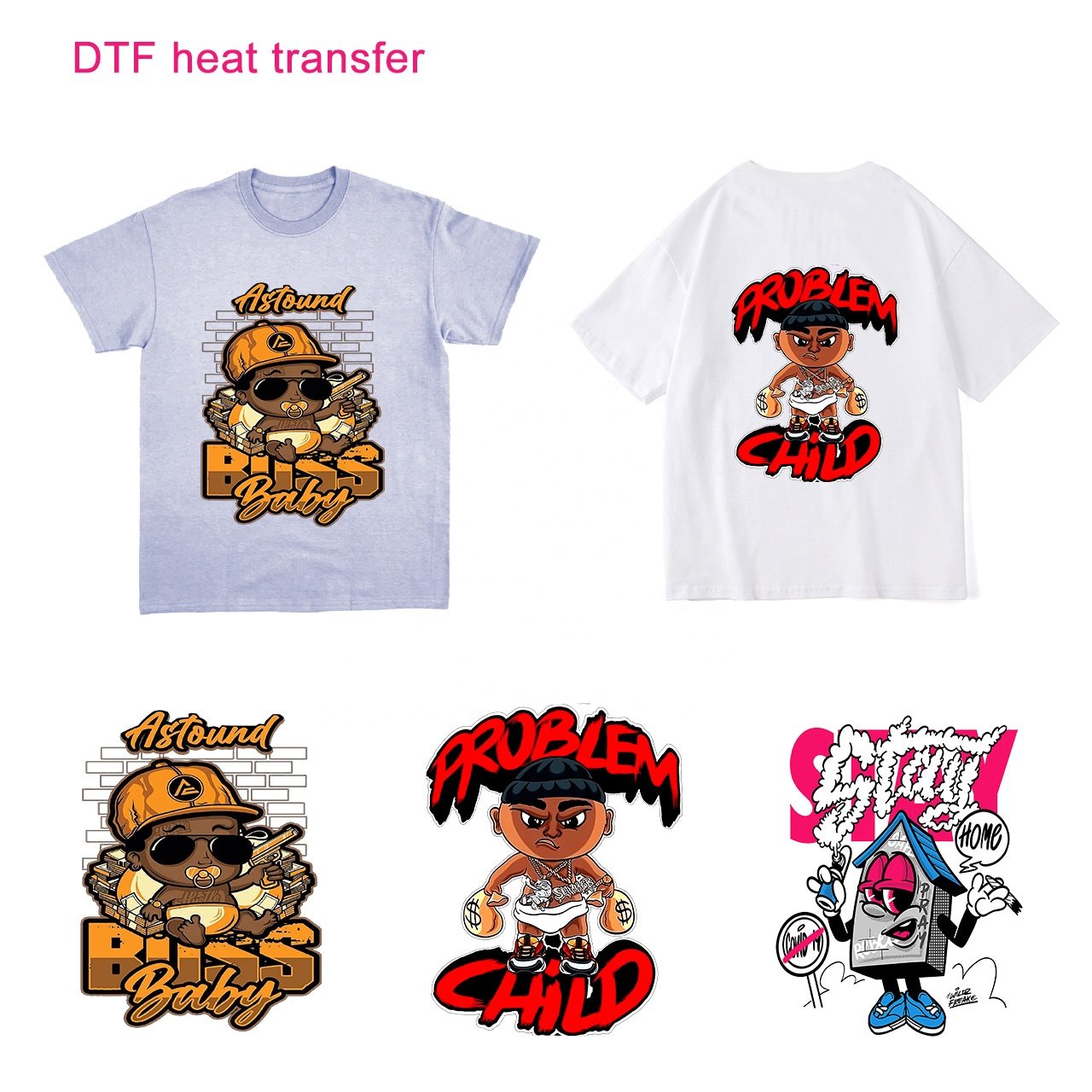 Factory wholesale custom dtf heat transfers cartoon stickers fashion designs iron on sticker heat transfer prints on garments