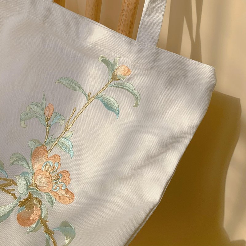 Foldable Custom Printed Logo Floral Design Daisy Embroidered Reusable Canvas Tote Shopping Bag With Inside Pocket
