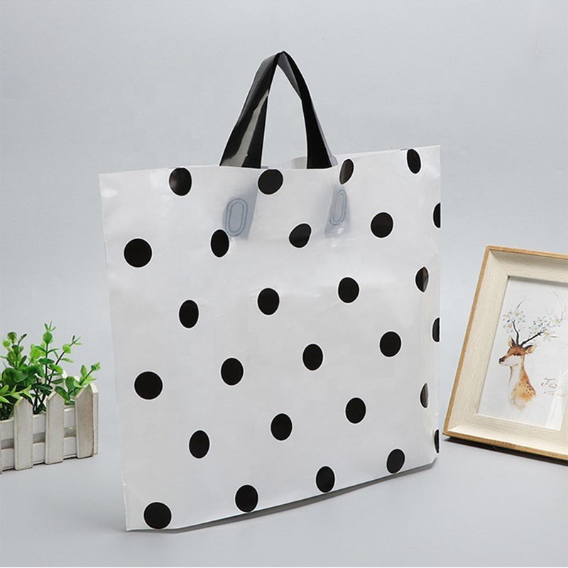 durable premium white polka dot plastic loop handle poly carry gift shopping bags with bottom gusset