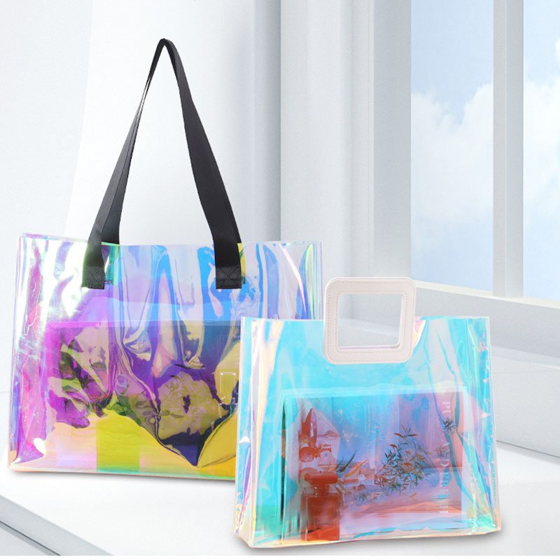 Customized Transparent Bags With Thick Cotton Handle Fashion Waterproof Pvc Tote Shopping Bag hologram clear beach tote bag