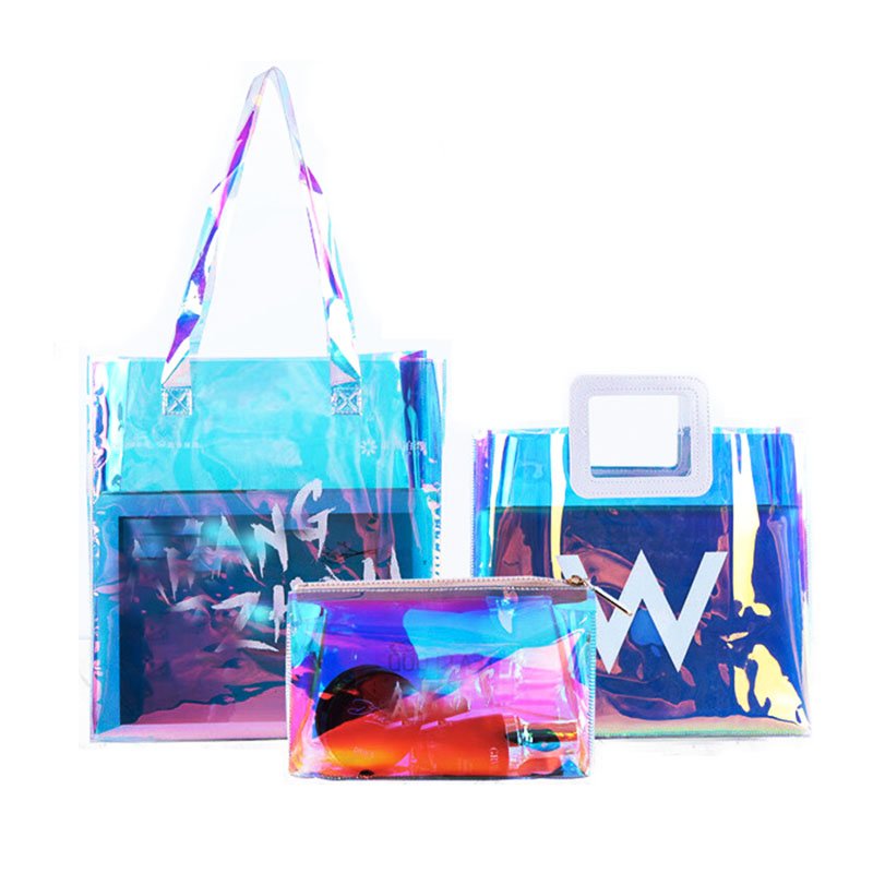 Customized Transparent Bags With Thick Cotton Handle Fashion Waterproof Pvc Tote Shopping Bag hologram clear beach tote bag