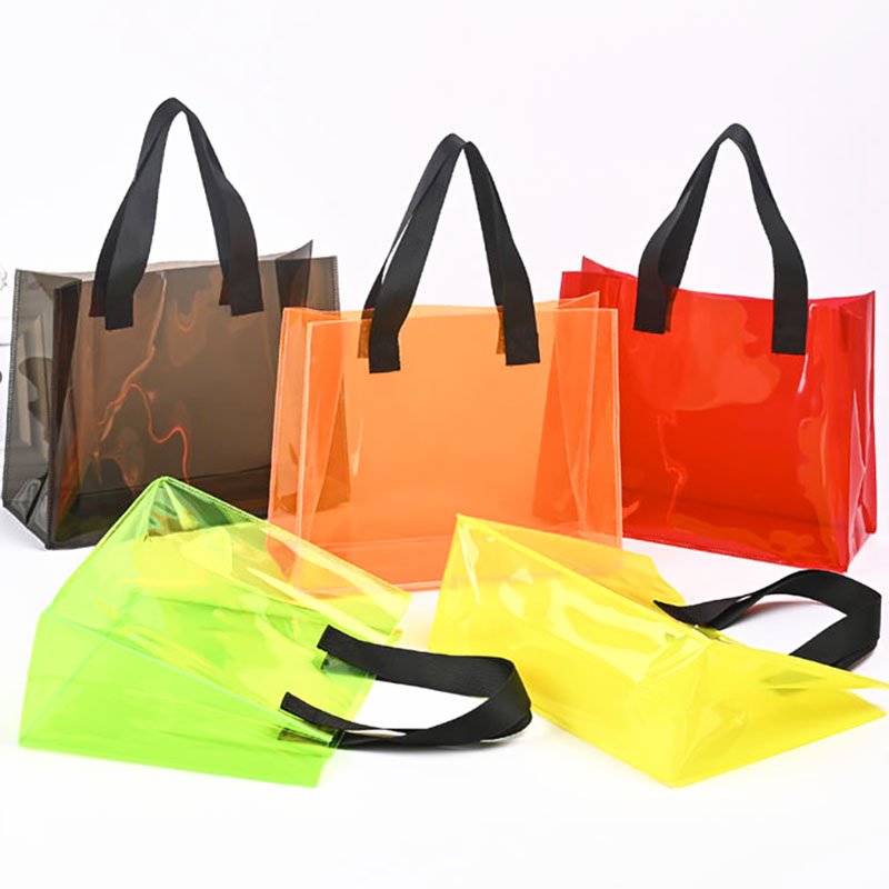 Customized Transparent Bags With Thick Cotton Handle Fashion Waterproof Pvc Tote Shopping Bag hologram clear beach tote bag