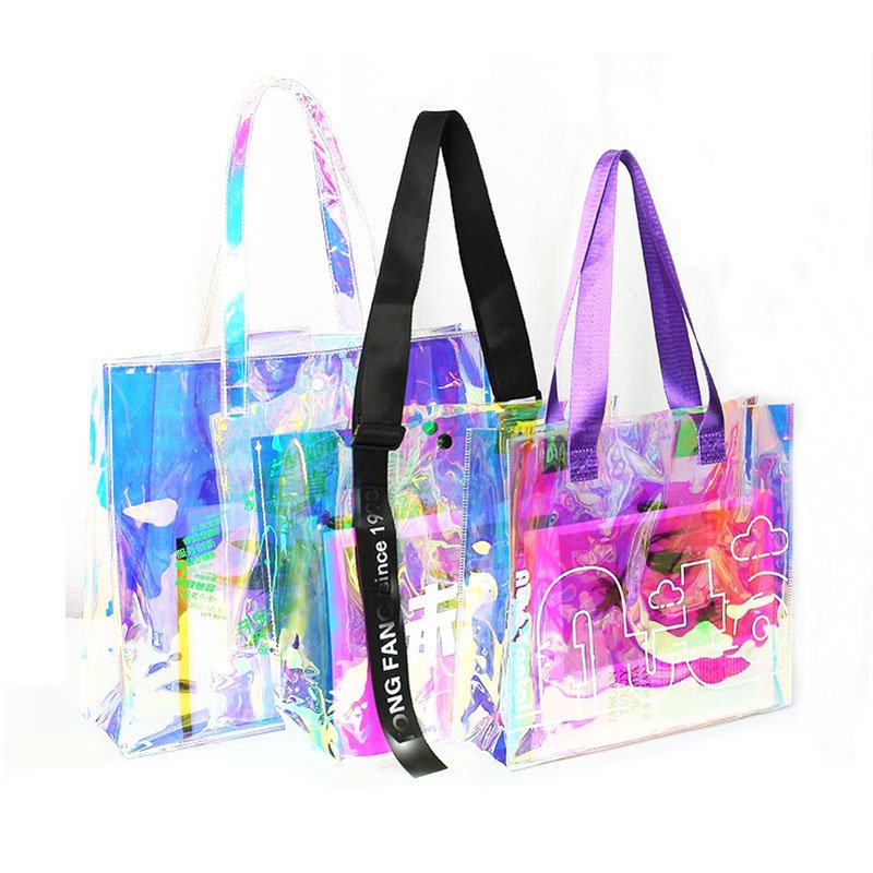 Customized Transparent Bags With Thick Cotton Handle Fashion Waterproof Pvc Tote Shopping Bag hologram clear beach tote bag