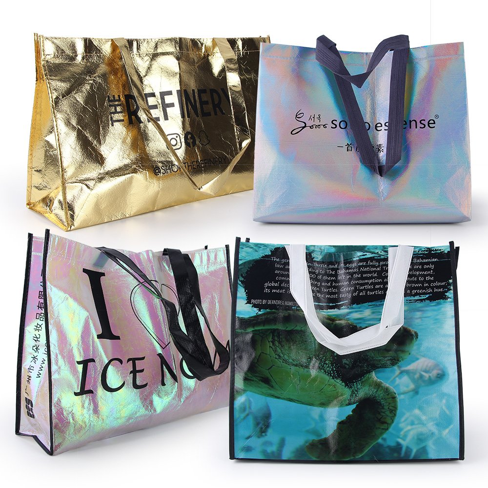 Wholesale Price Custom Printed glossy holographoci washable Reusable PP Laminated Non Woven heavy duty handle Tote Shopping Bags