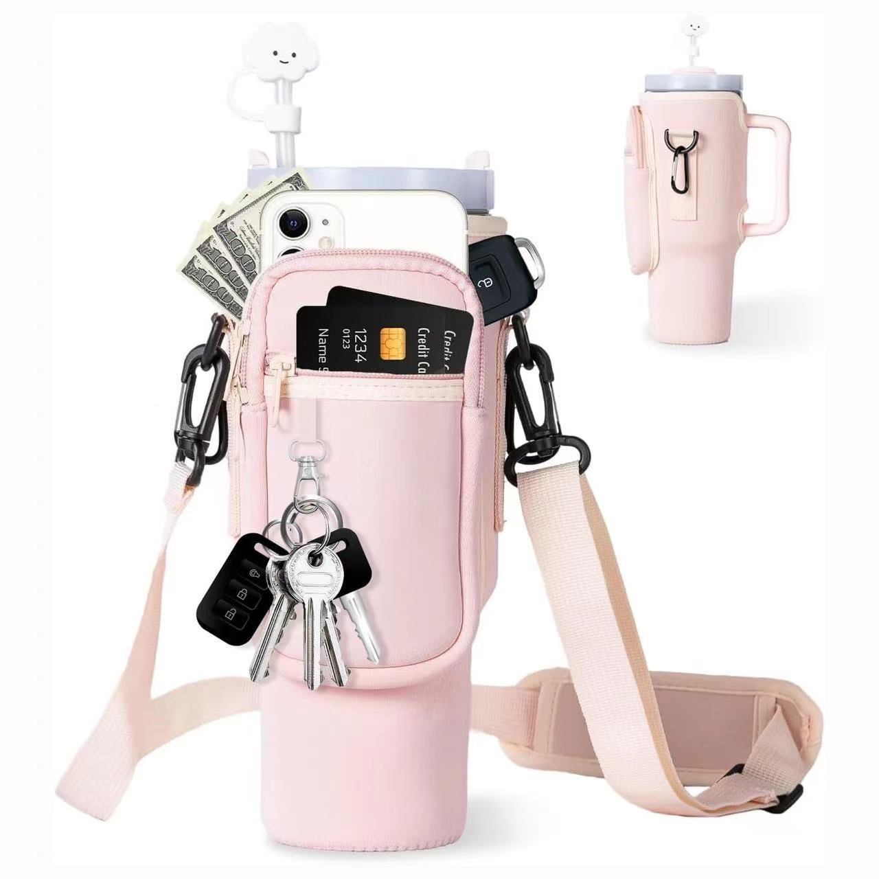 Water Bottle Carrier Bag with Phone Pocket Neoprene Water Bottle Holder Pouch for Stanley 40/30 Oz Tumbler Shoulder Bag CANS DH