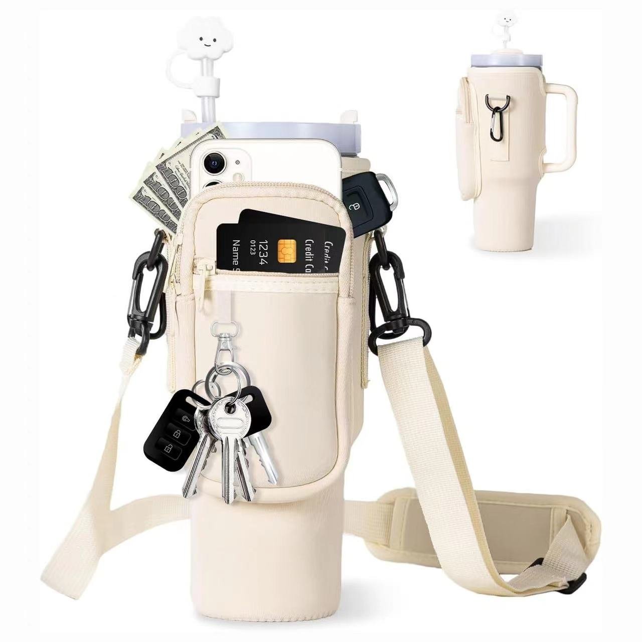 Water Bottle Carrier Bag with Phone Pocket Neoprene Water Bottle Holder Pouch for Stanley 40/30 Oz Tumbler Shoulder Bag CANS DH