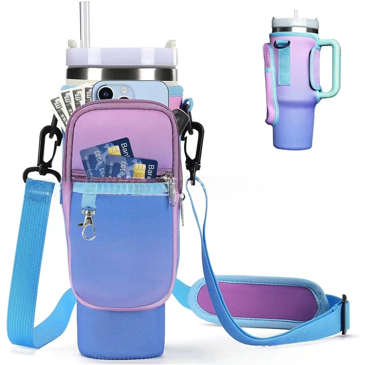 Water Bottle Carrier Bag with Phone Pocket Neoprene Water Bottle Holder Pouch for Stanley 40/30 Oz Tumbler Shoulder Bag CANS DH