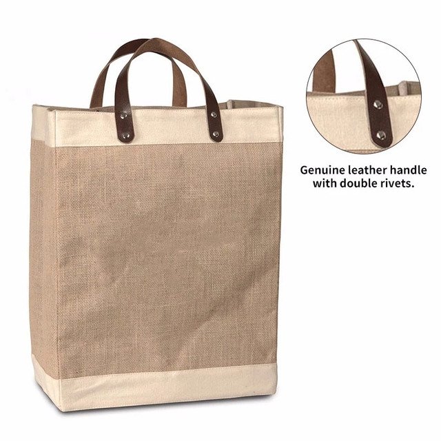 Wholesale New Jute Tote Bags with Leather Handles Custom Logo & Floral Decor PVC & Fabric Lining for Shopping & Gifts