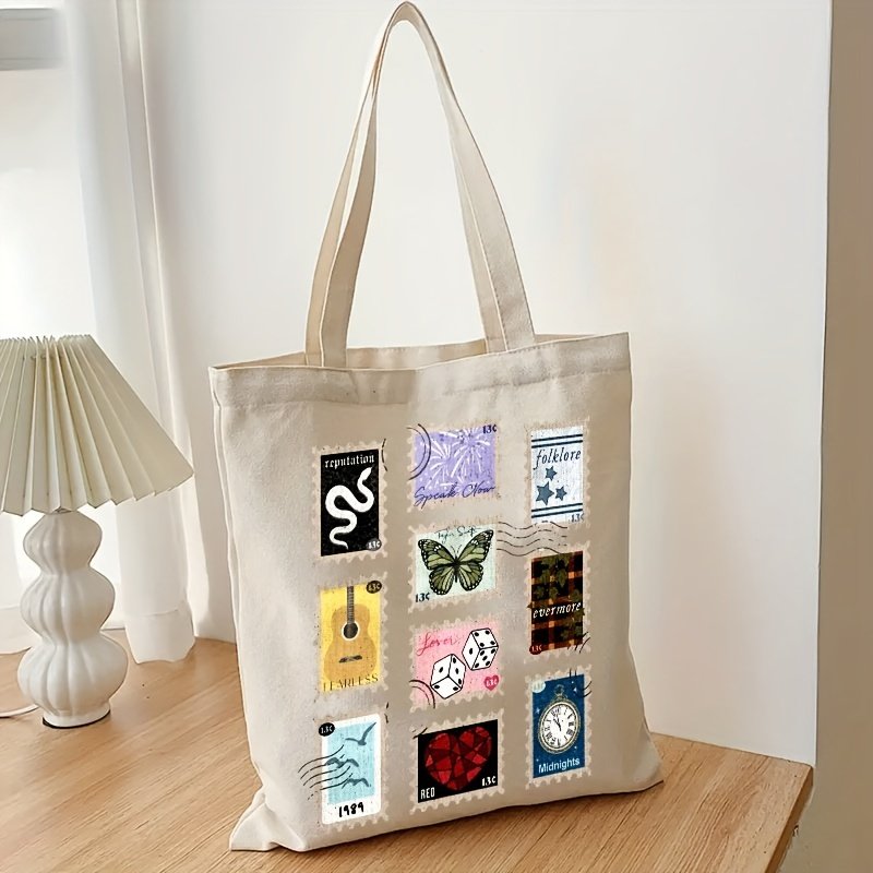 1 pc Albums as Stamps pattern Tote Canvas Personalized Shoulder Bag For Travel Women's Reusable Shopping Bag With Custom Printed