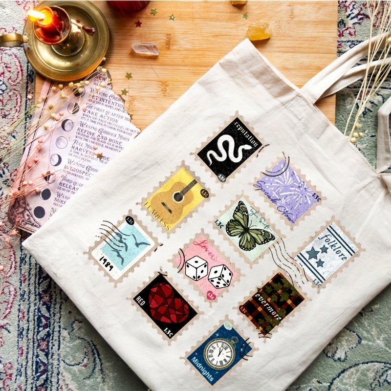 1 pc Albums as Stamps pattern Tote Canvas Personalized Shoulder Bag For Travel Women's Reusable Shopping Bag With Custom Printed