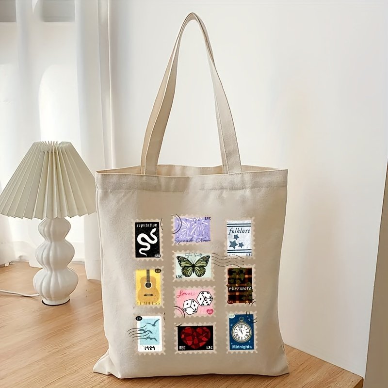 1 pc Albums as Stamps pattern Tote Canvas Personalized Shoulder Bag For Travel Women's Reusable Shopping Bag With Custom Printed