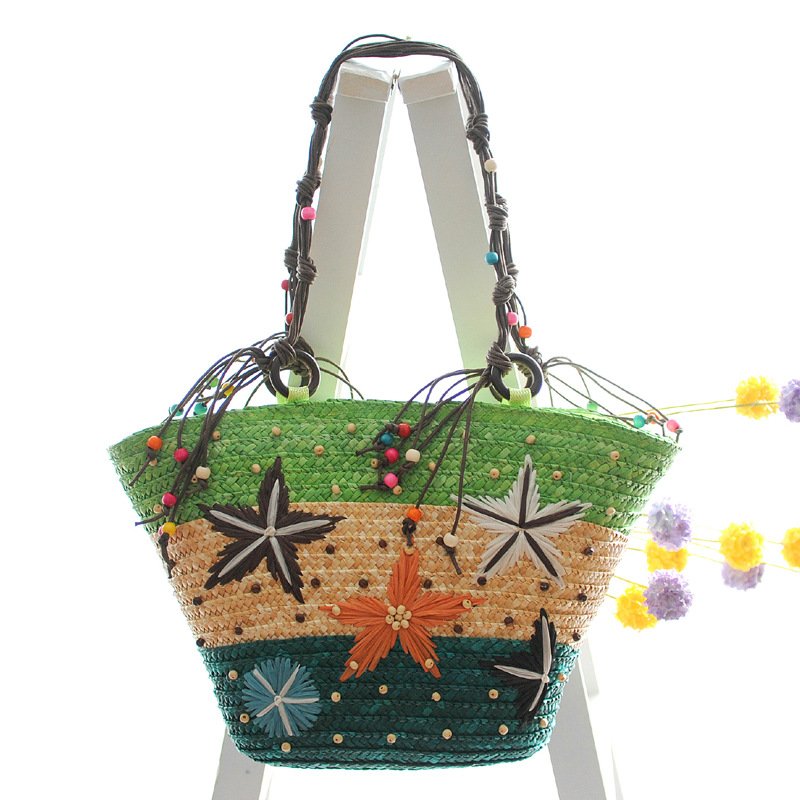 2023 Fashion Bali Wheat Straw Beach Bag Dye Color Seashell Decoration Bohemian Shopping Bag For Women