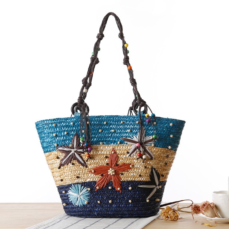 2023 Fashion Bali Wheat Straw Beach Bag Dye Color Seashell Decoration Bohemian Shopping Bag For Women