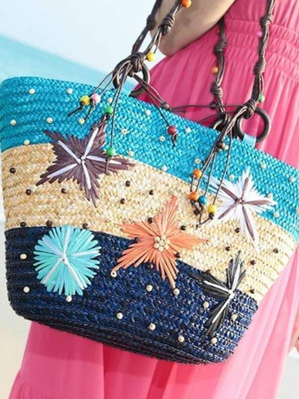 2023 Fashion Bali Wheat Straw Beach Bag Dye Color Seashell Decoration Bohemian Shopping Bag For Women