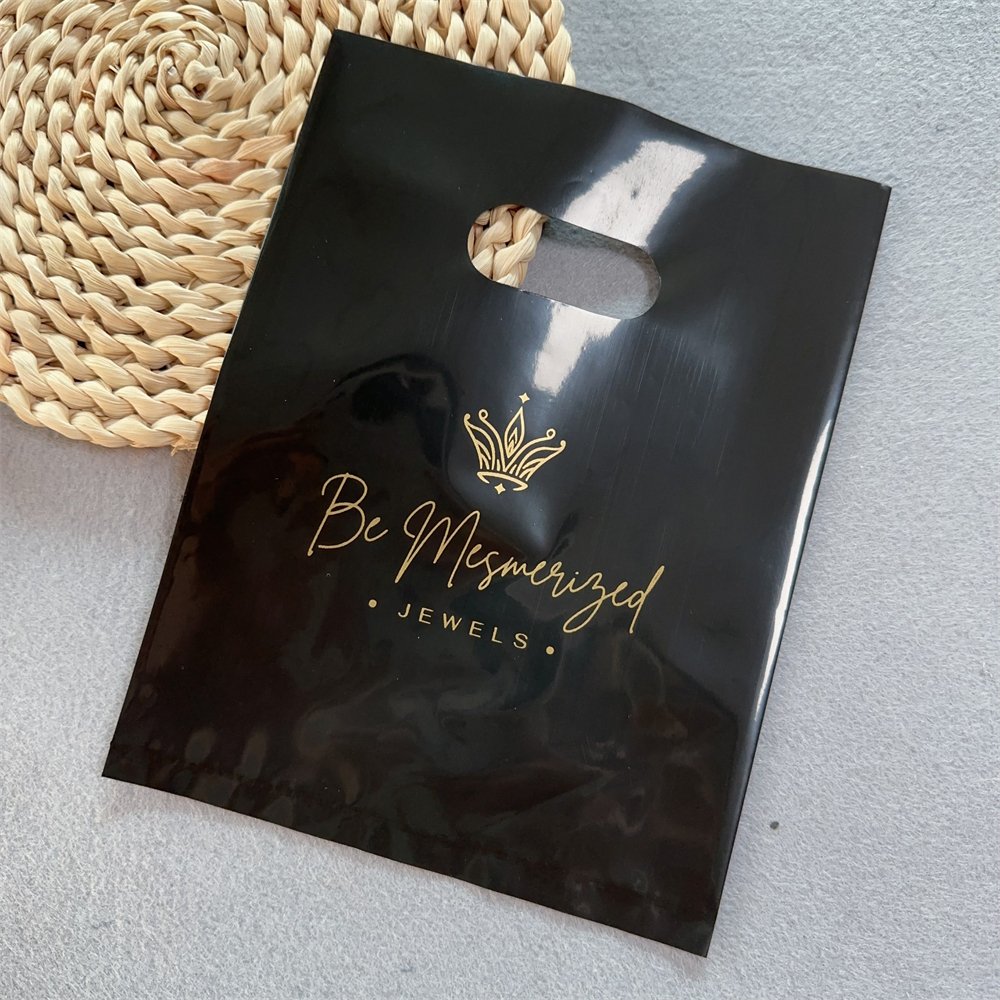 Custom Retail Merchandise Plastic Bag Black Small Shopping Bags For Gift Jewerly Reuseable Boutique Fold Die Cut Shopping Bag