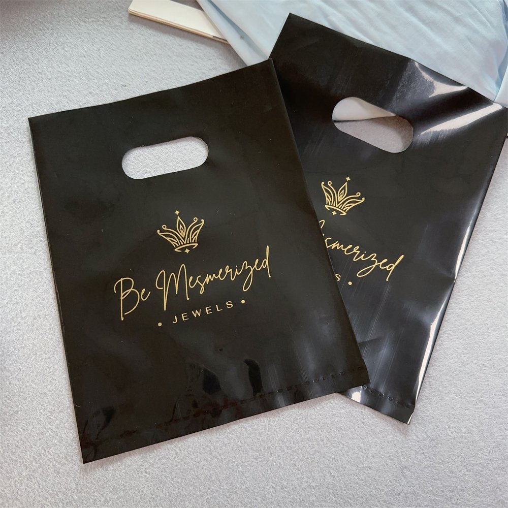 Custom Retail Merchandise Plastic Bag Black Small Shopping Bags For Gift Jewerly Reuseable Boutique Fold Die Cut Shopping Bag