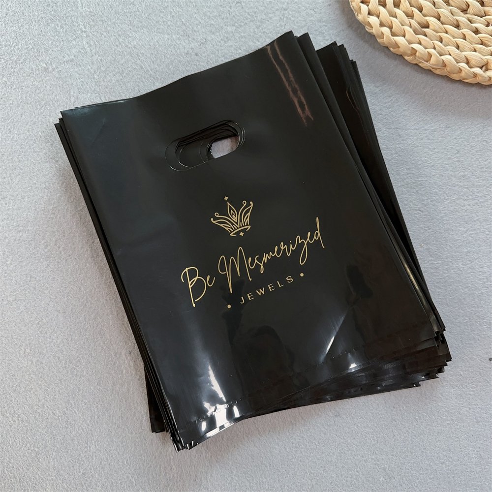 Custom Retail Merchandise Plastic Bag Black Small Shopping Bags For Gift Jewerly Reuseable Boutique Fold Die Cut Shopping Bag