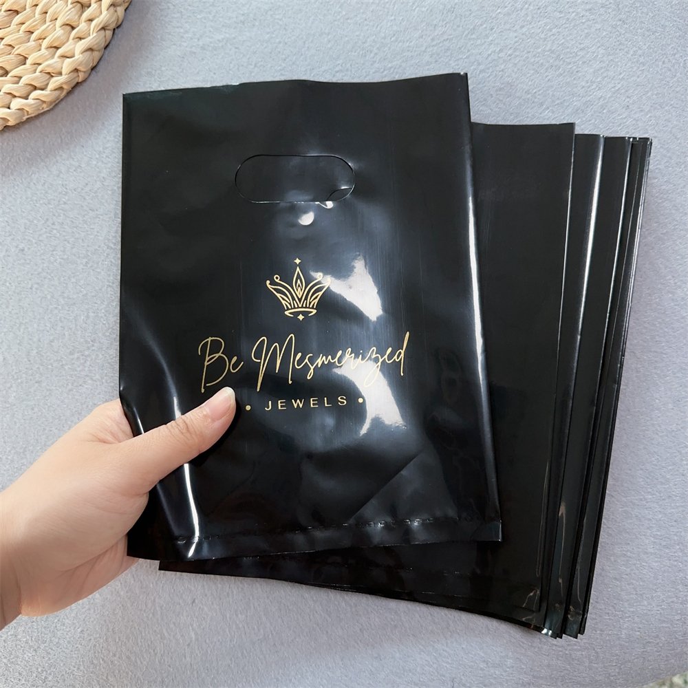 Custom Retail Merchandise Plastic Bag Black Small Shopping Bags For Gift Jewerly Reuseable Boutique Fold Die Cut Shopping Bag