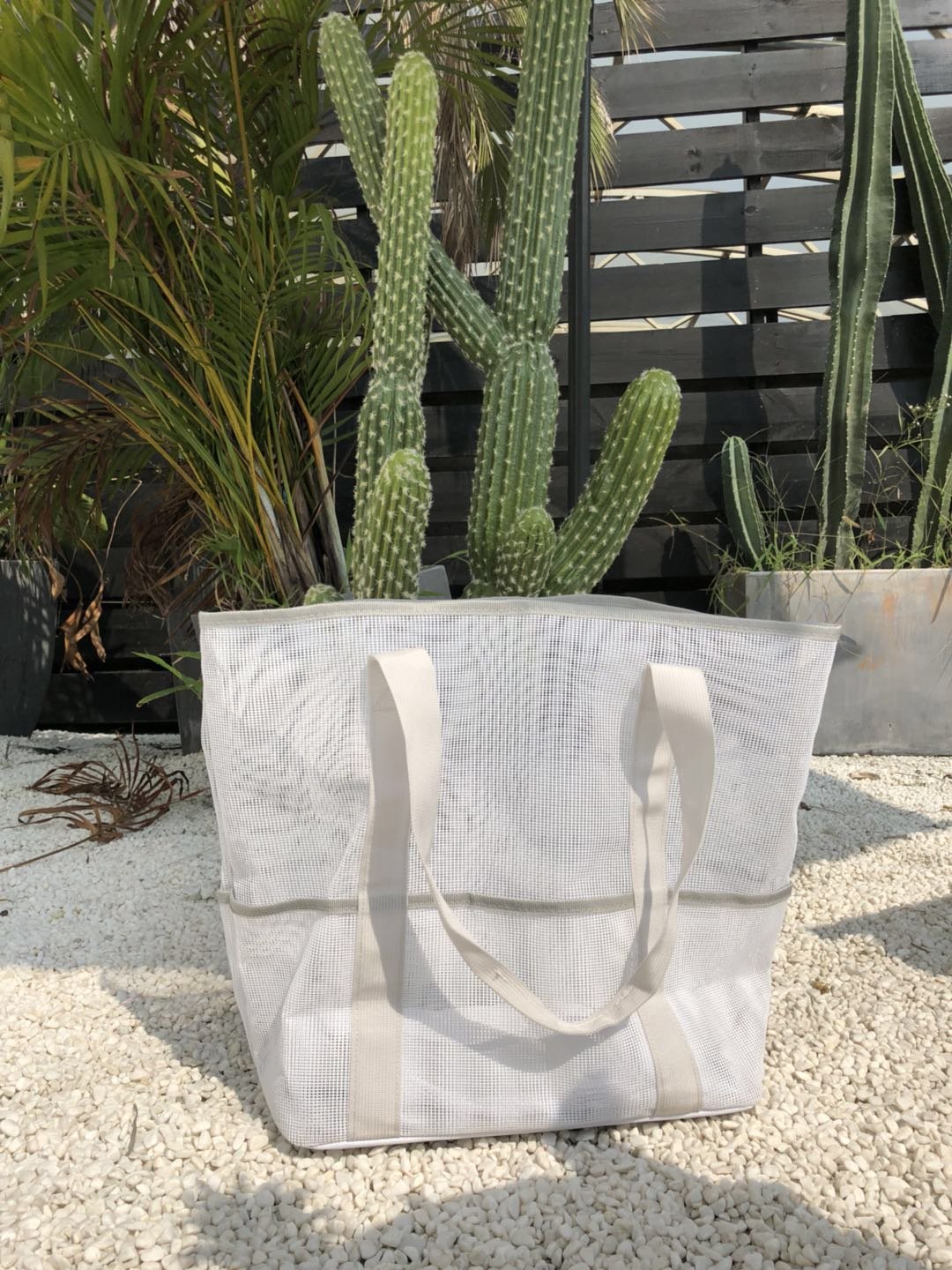 mesh large black tote beach bag with small zipper pockets with waterproof