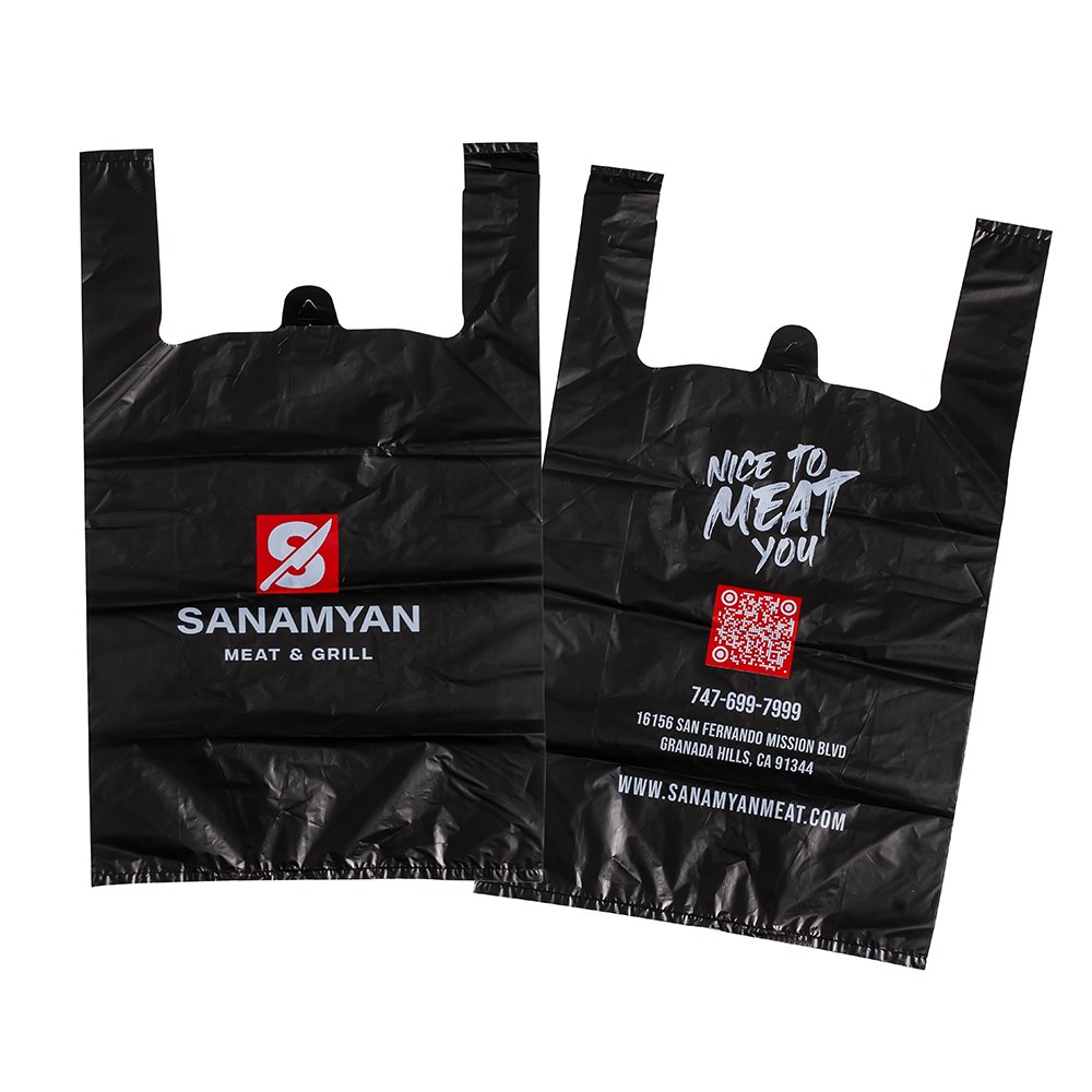 Custom Logo Printed Business Clothing Bar Shop Restaurant Food Take Out Plastic Shopping Bags With T-shirt Handle