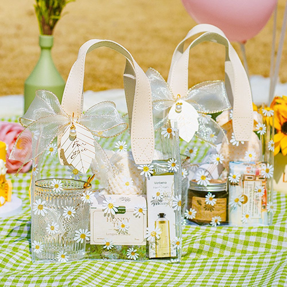 Transparent PVC Little Daisy Tote Shopping Bags Colored Handle Gift Bags Multi Size Handbags