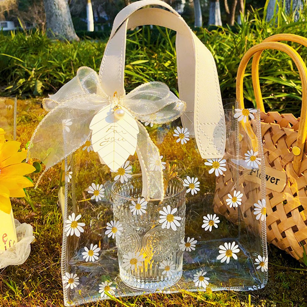 Transparent PVC Little Daisy Tote Shopping Bags Colored Handle Gift Bags Multi Size Handbags