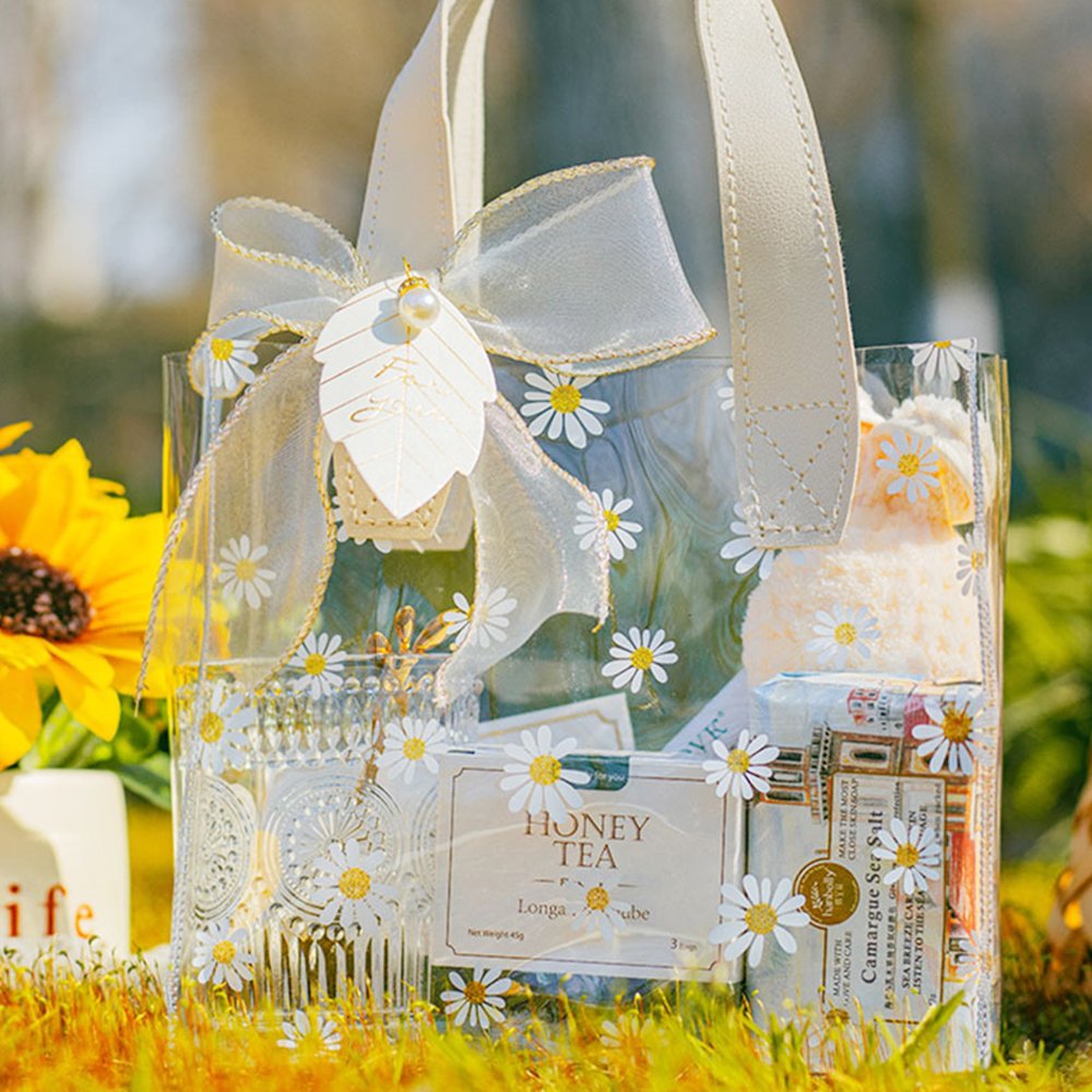 Transparent PVC Little Daisy Tote Shopping Bags Colored Handle Gift Bags Multi Size Handbags