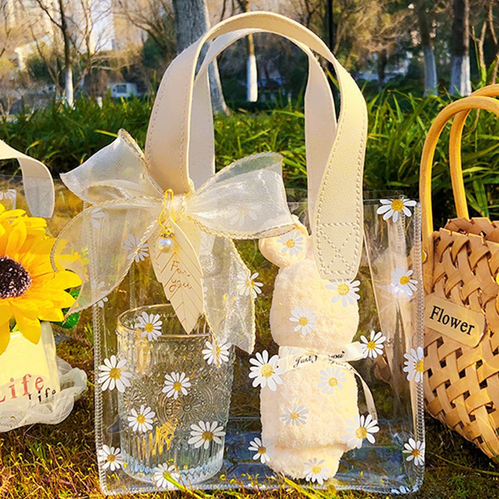 Transparent PVC Little Daisy Tote Shopping Bags Colored Handle Gift Bags Multi Size Handbags