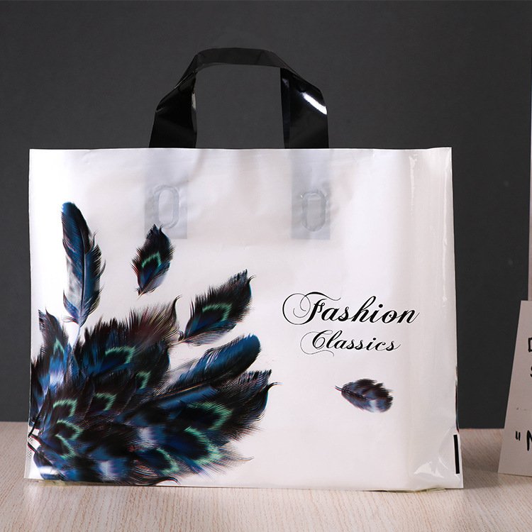 Custom printed logo LDPE recyclable retail reusable black plastic poly tote carrier shopping bags with soft loop handles