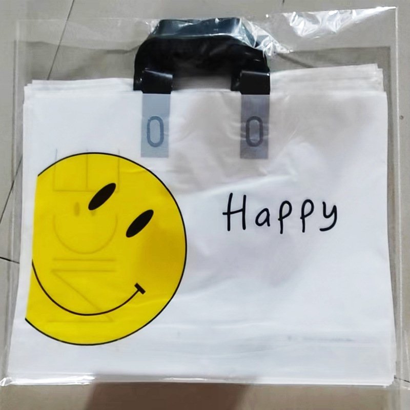Custom printed logo LDPE recyclable retail reusable black plastic poly tote carrier shopping bags with soft loop handles