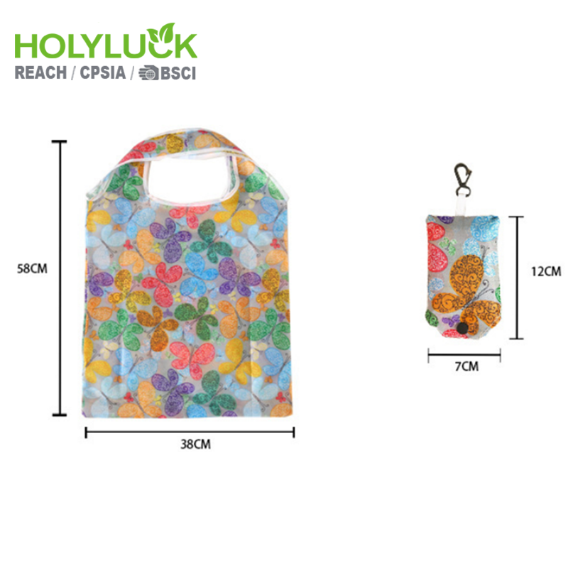 Hot selling cheap custom reusable rept grocery supermarket foldable tote polyester folding grocery shopping bag with pattern