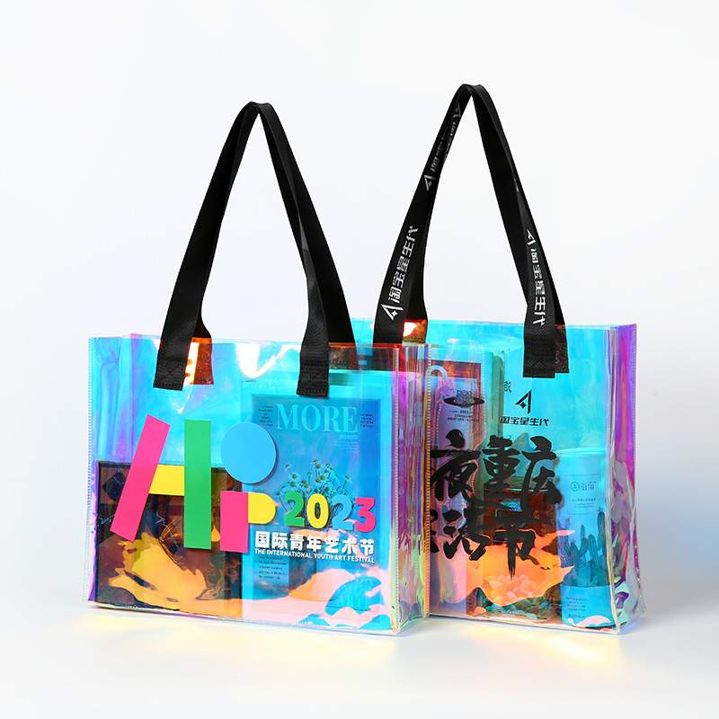 Cheap holographic custom logo nylon handle laser square large capacity beach shopping bag