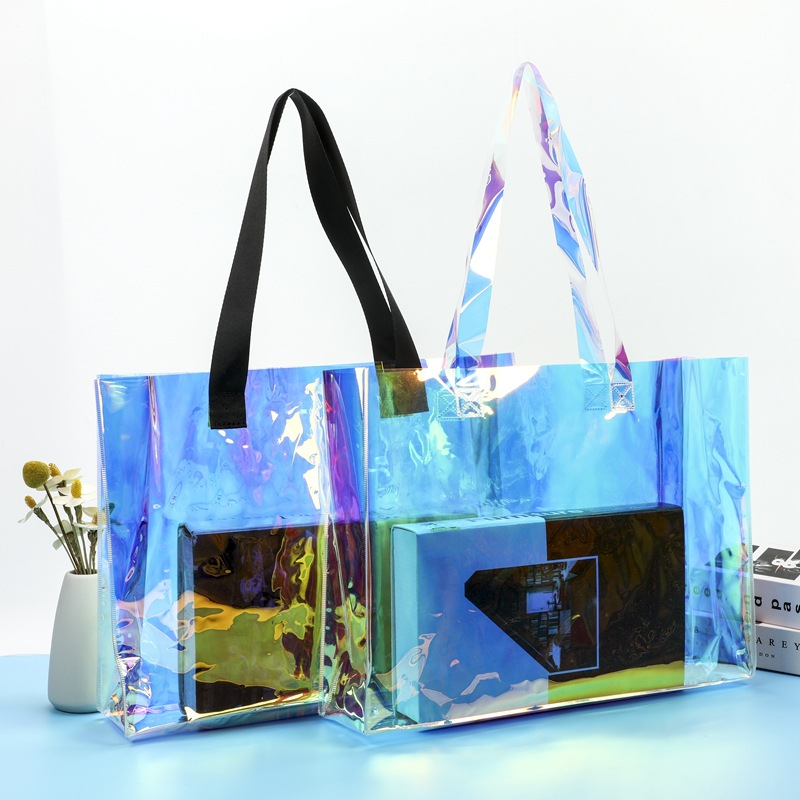 Cheap holographic custom logo nylon handle laser square large capacity beach shopping bag