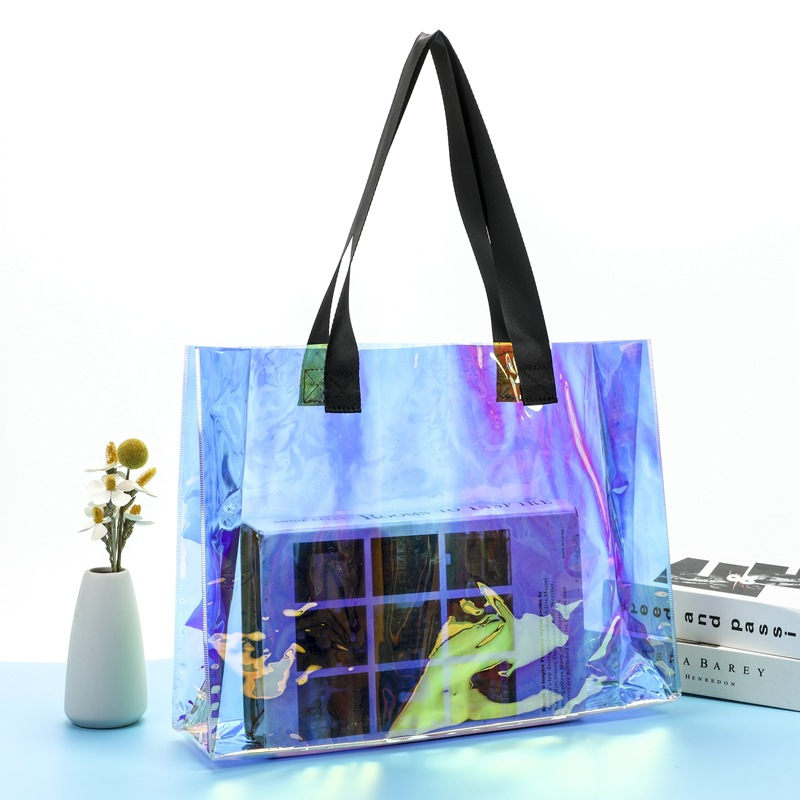 Cheap holographic custom logo nylon handle laser square large capacity beach shopping bag