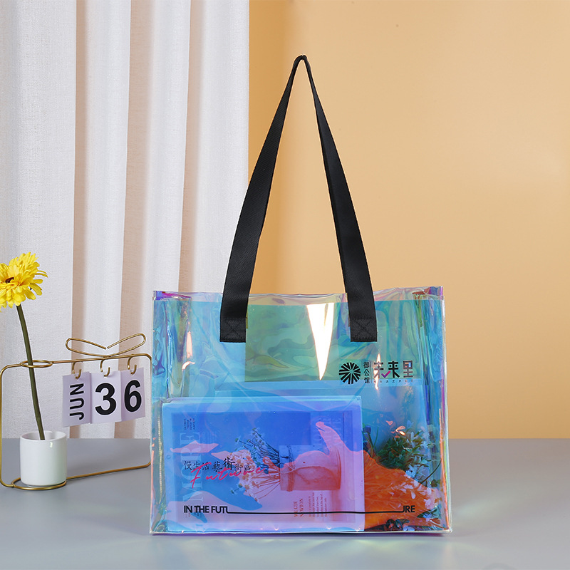 Cheap holographic custom logo nylon handle laser square large capacity beach shopping bag