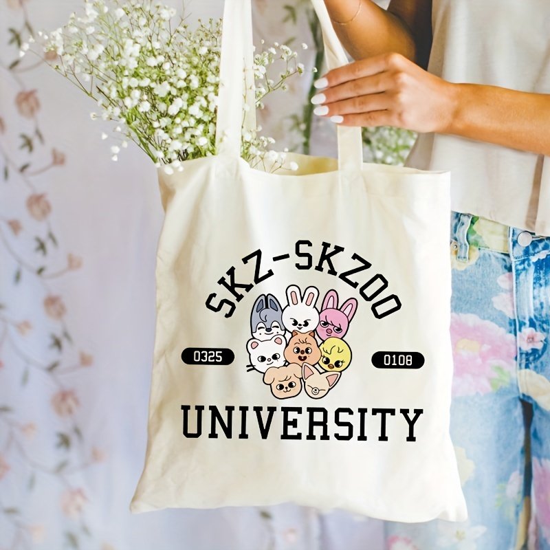 1 pc SKZ-Skzoo pattern Tote Canvas Personalized Shoulder Bag For Travel Women's Reusable Shopping Bag With Custom Printed Logo