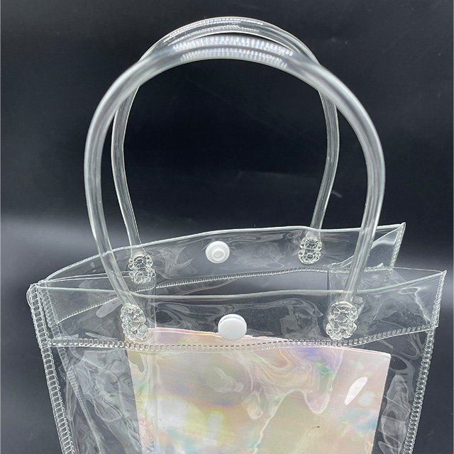 Fashionable Snap Button Pvc Transparent Storage Tote Bag Custom Clear Pvc Bag Thicker Shopping Bag