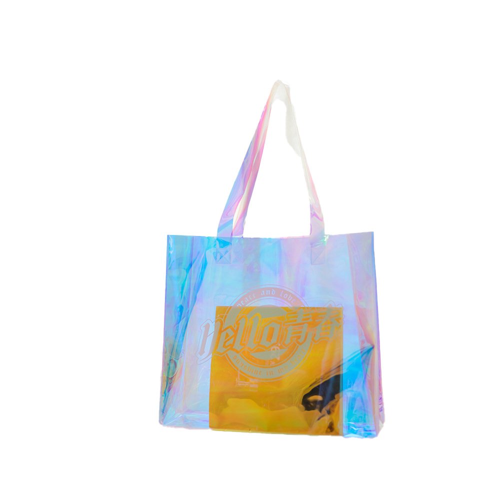 High quality waterproof recycled holographic pvc tote bag customized transparent plastic hand shopping bag