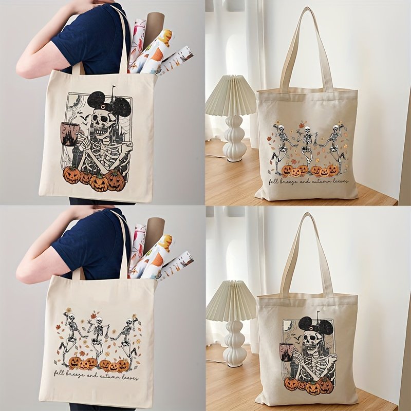1 pc Pumpkin Man Skeleton pattern Tote Canvas Personalized Shoulder Bag For Travel Women's Reusable Shopping Bag With Custom