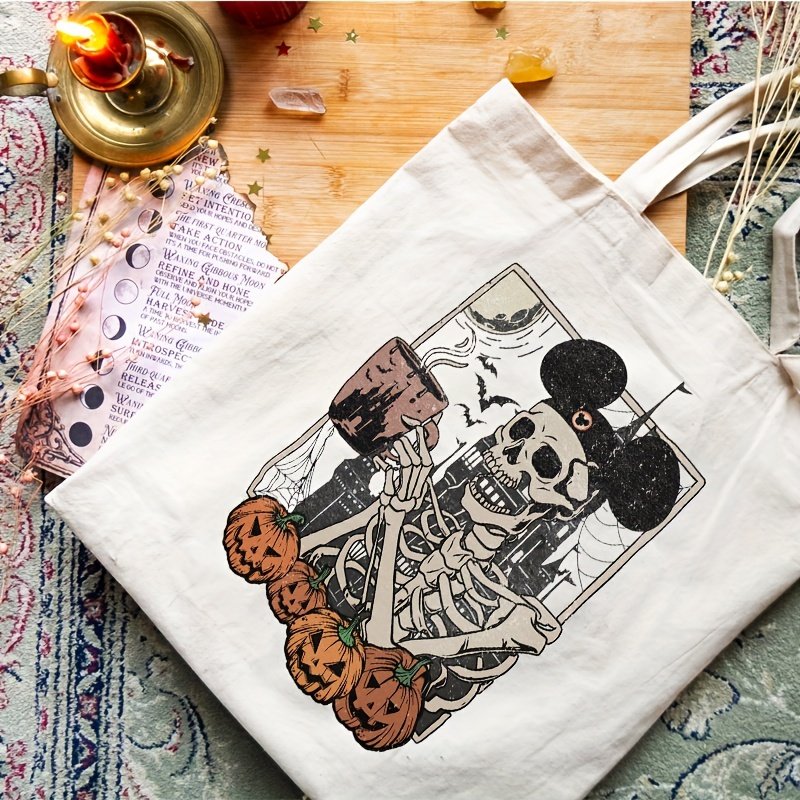 1 pc Pumpkin Man Skeleton pattern Tote Canvas Personalized Shoulder Bag For Travel Women's Reusable Shopping Bag With Custom